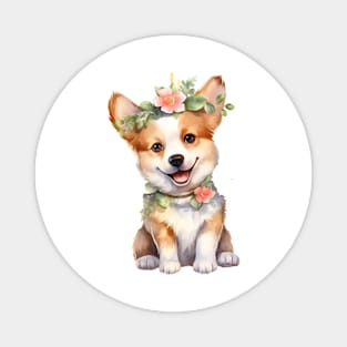 Watercolor Pembroke Welsh Corgi Dog with Head Wreath Magnet